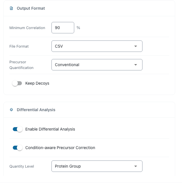 Output format and differential analysis settings