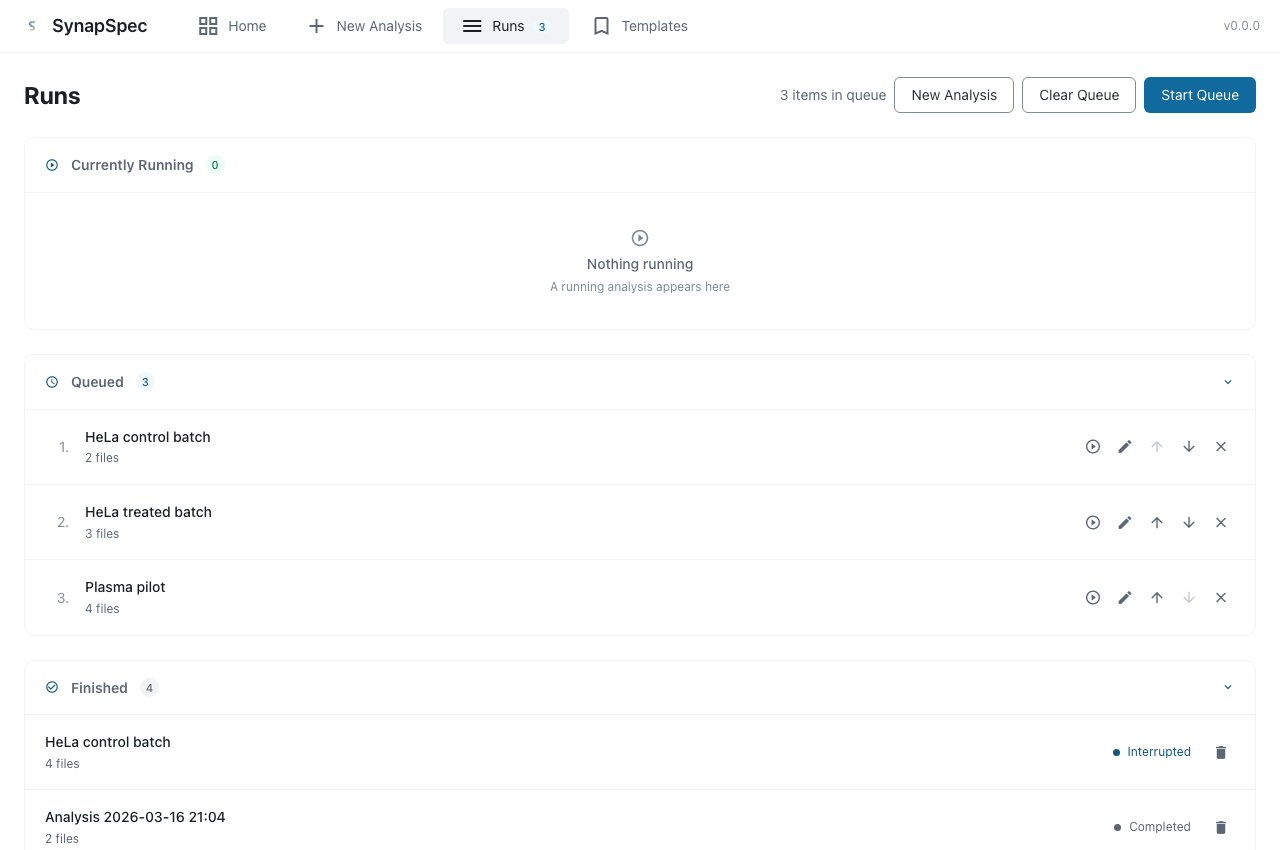 Runs page with running, queued and finished sections