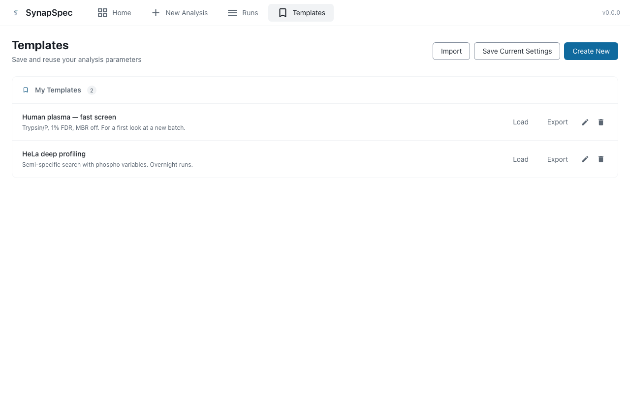Templates page